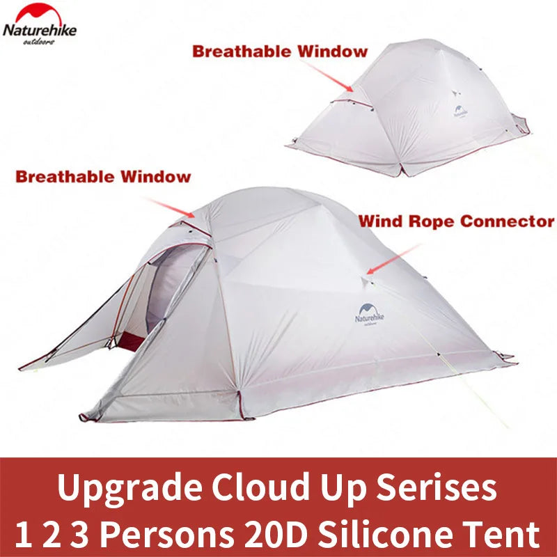 Naturehike Cloud Up 1 2 3 asmenų palapinė lauko itin lengvos nešiojamos stovyklavietės palapinės su kilimėliu Camping 20D silikoninė kelioninė palapinė