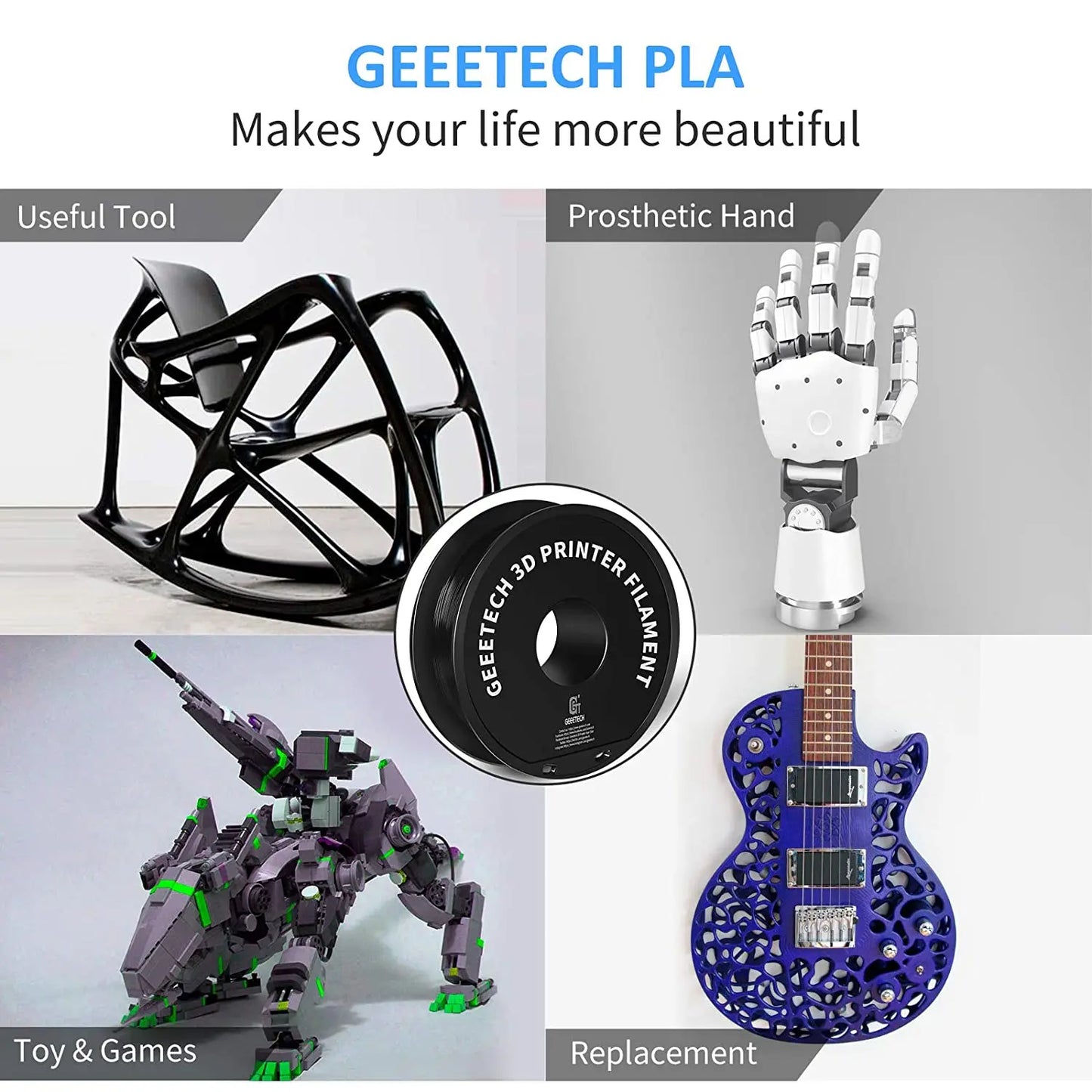 Geeetech 3D spausdintuvas Filament PLA PETG plastikas 1kg 1,75 mm, nesipainioja, 3D spausdinimo vielos medžiagos, juoda, balta, vakuuminė pakuotė