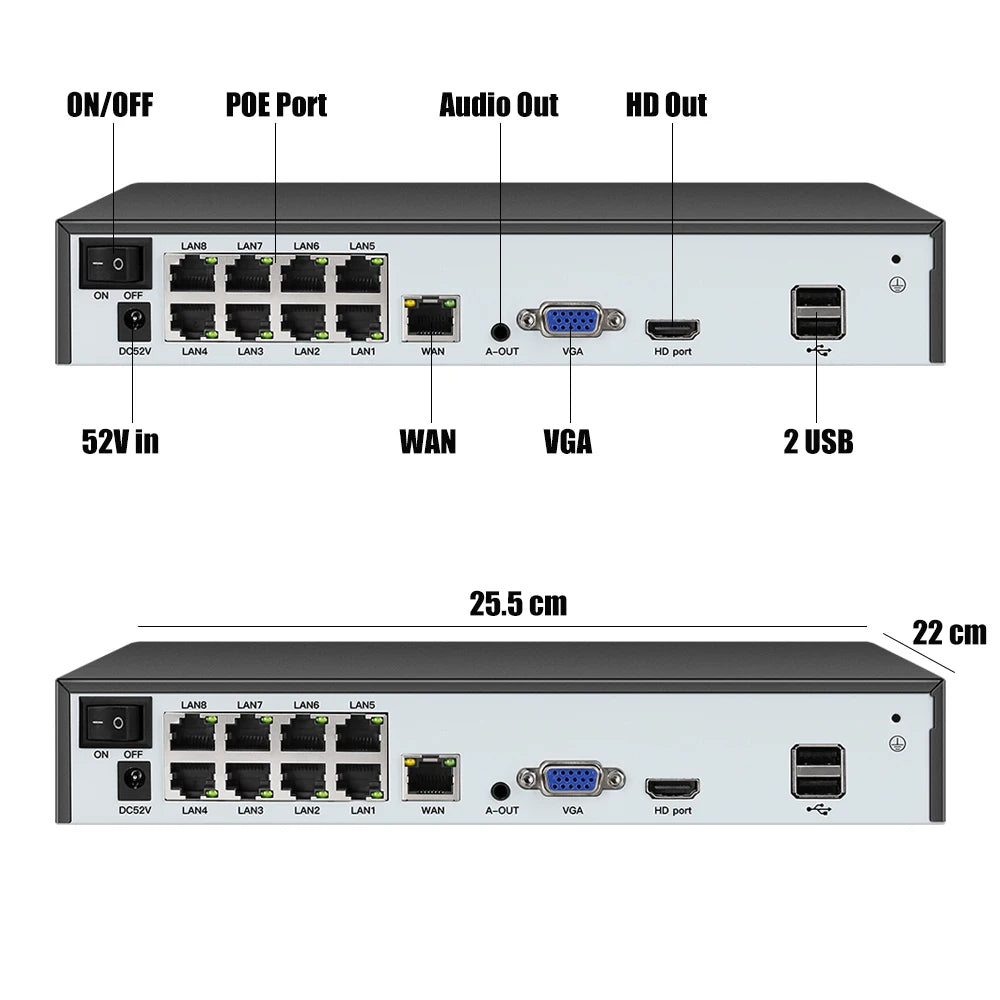 Veido aptikimo H.265 8ch*4K 4ch/8ch PoE tinklo vaizdo įrašymo įrenginio stebėjimas PoE NVR 4/8 kanalas, skirtas HD 8MP 5MP IP kamerai