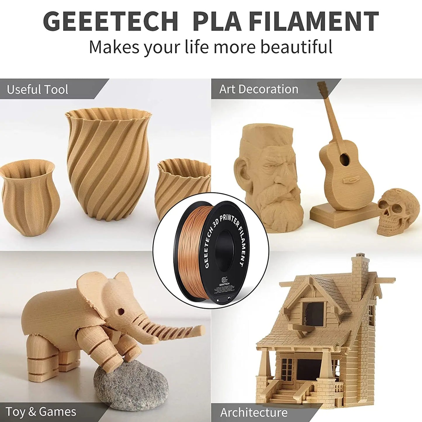 Geeetech 3D spausdintuvas Filament PLA PETG plastikas 1kg 1,75 mm, nesipainioja, 3D spausdinimo vielos medžiagos, juoda, balta, vakuuminė pakuotė
