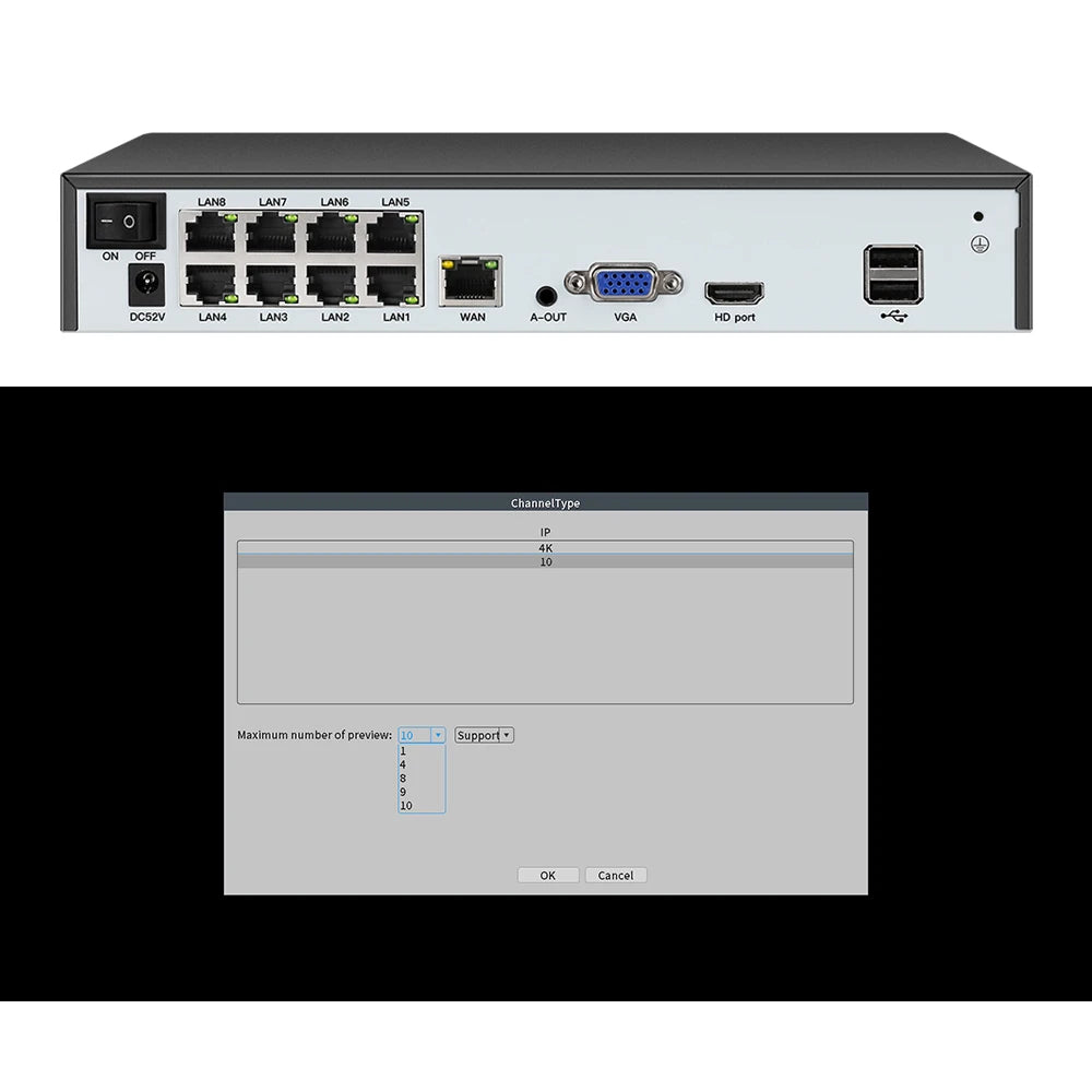 Veido aptikimo H.265 8ch*4K 4ch/8ch PoE tinklo vaizdo įrašymo įrenginio stebėjimas PoE NVR 4/8 kanalas, skirtas HD 8MP 5MP IP kamerai