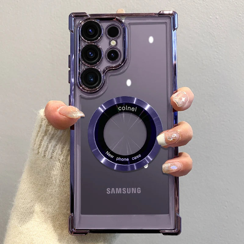 Prabangus padengiamas magnetinis belaidžio įkrovimo dėklas, skirtas Samsung S25 S24 Ultra S23 FE S22 Plus S21 Note 20 skaidrus objektyvo apsauginis dangtelis