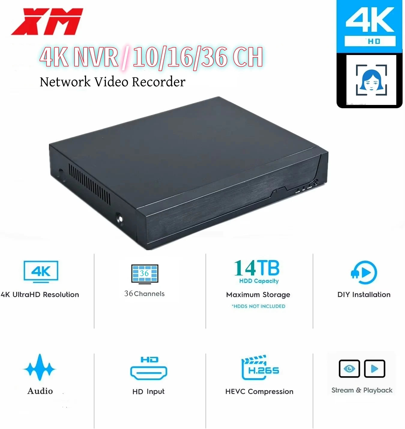 XM 4K H.265 10CH 16CH 36CH CCTV NVR for 8MP/5MP/4MP/3MP/2MP IP Camera metal network video recorder P2P for cctv system