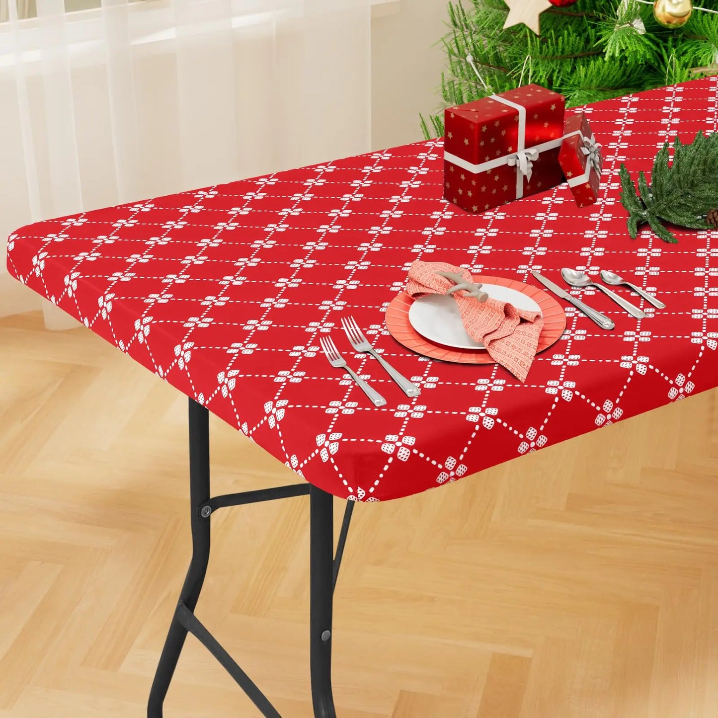 Olanly Rectangle Vinyl Table Cloth Elastic Fitted Tablecloth With Flannel Backing Waterproof Plastic Table Cover Camp Tablecloth