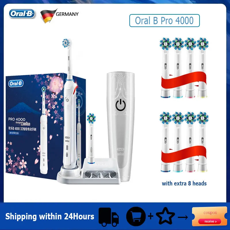 Oral B elektrinis dantų šepetėlis Pro 4000 3D veiksmo kasdienis dantų valymo matomas slėgio jutiklis, 4 režimų dantenų priežiūros priemonės, atsparios vandeniui, įkraunamos