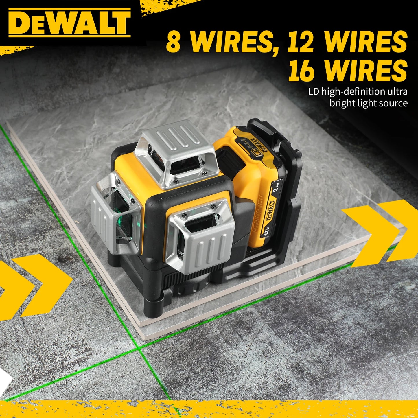 2025 m. Dewalt DW089LG 3 pusių * 360 laipsnių vertikali 12 linijų lazerinis lygis 360 horizontalus žalios šviesos lygio matuoklis lauke