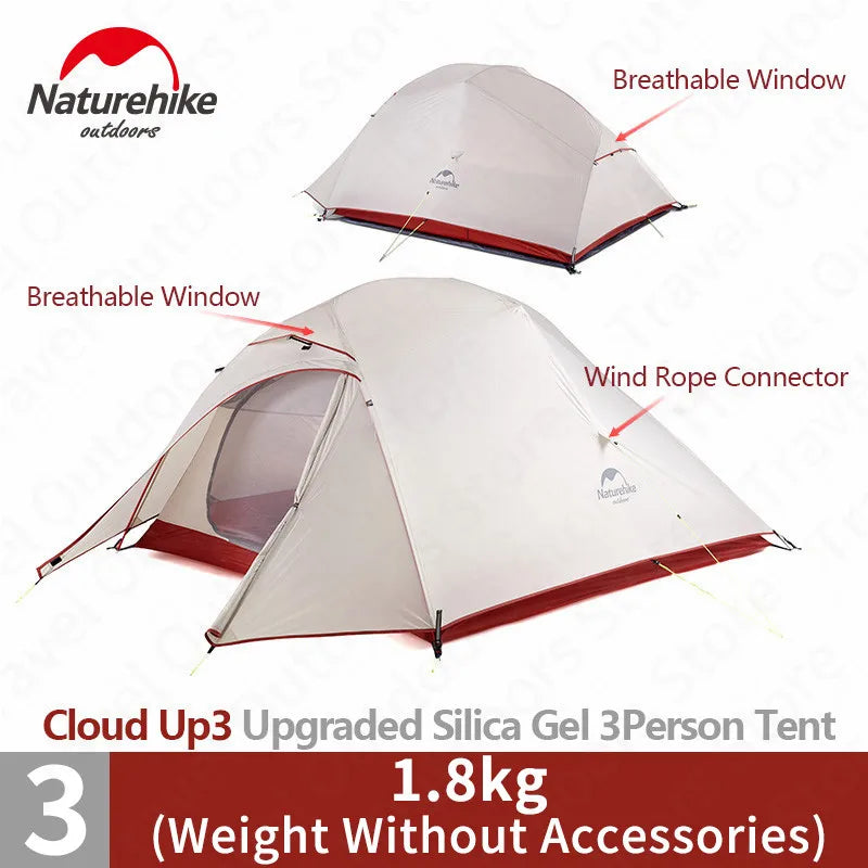 Naturehike Cloud Up 1 2 3 asmenų palapinė lauko itin lengvos nešiojamos stovyklavietės palapinės su kilimėliu Camping 20D silikoninė kelioninė palapinė