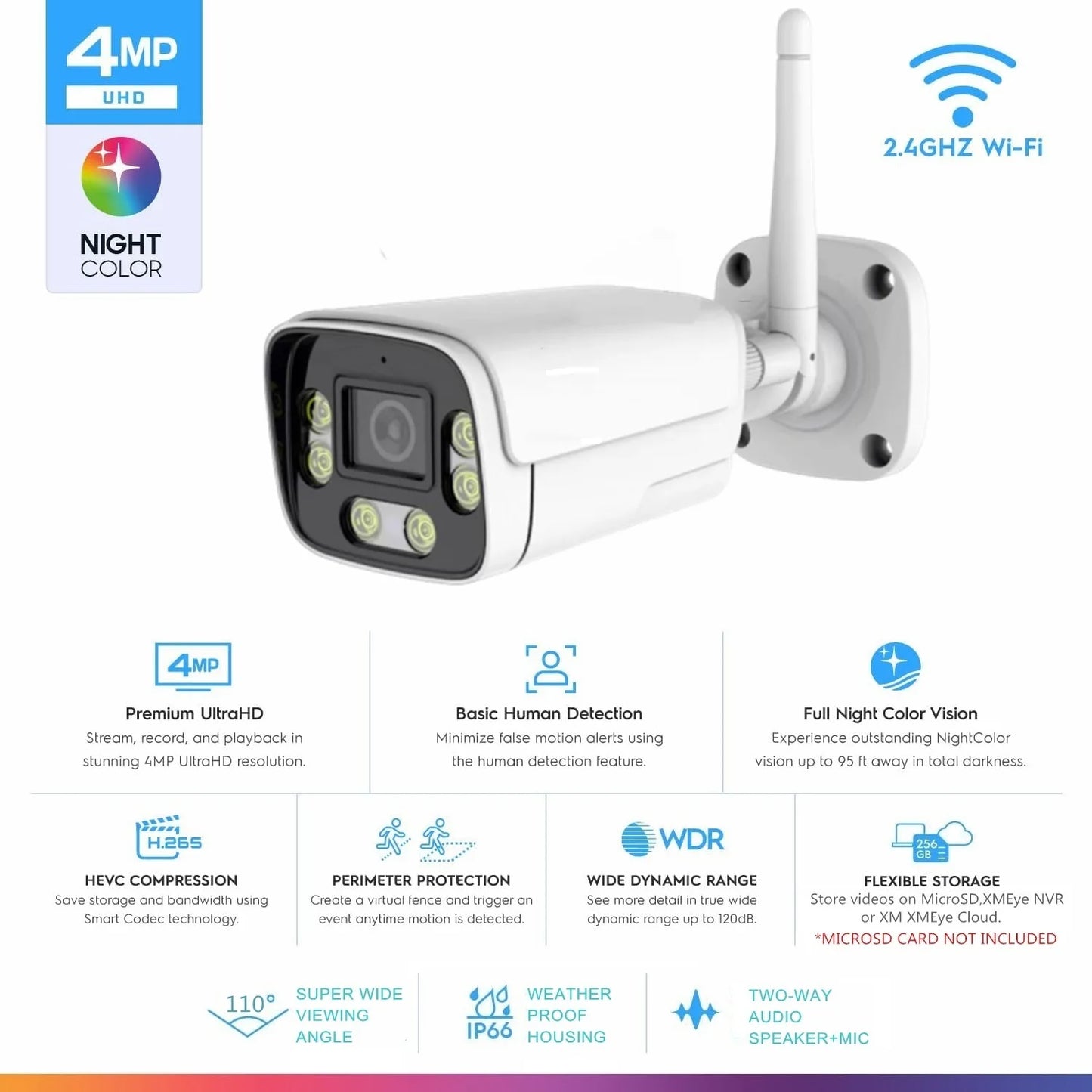4 MP lauko saugos „Wi-Fi“ kamera AI 95 pėdų „NightColor“ žmogaus aptikimo kulka IP kamera su dvipusio garso H.265+ palaikymu „MicroSD“