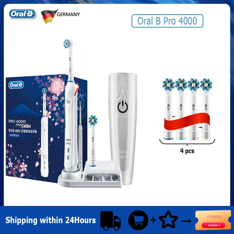 Oral B elektrinis dantų šepetėlis Pro 4000 3D veiksmo kasdienis dantų valymo matomas slėgio jutiklis, 4 režimų dantenų priežiūros priemonės, atsparios vandeniui, įkraunamos