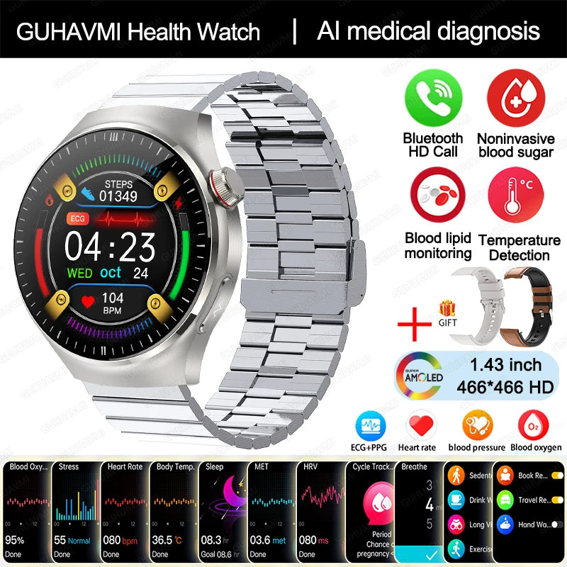 2024 m. naujas medicininės klasės išmanusis laikrodis cukraus kiekio kraujyje ir lipidų šlapimo rūgšties EKG + PPG kūno temperatūros Bluetooth skambučio sveikatos išmanusis laikrodis