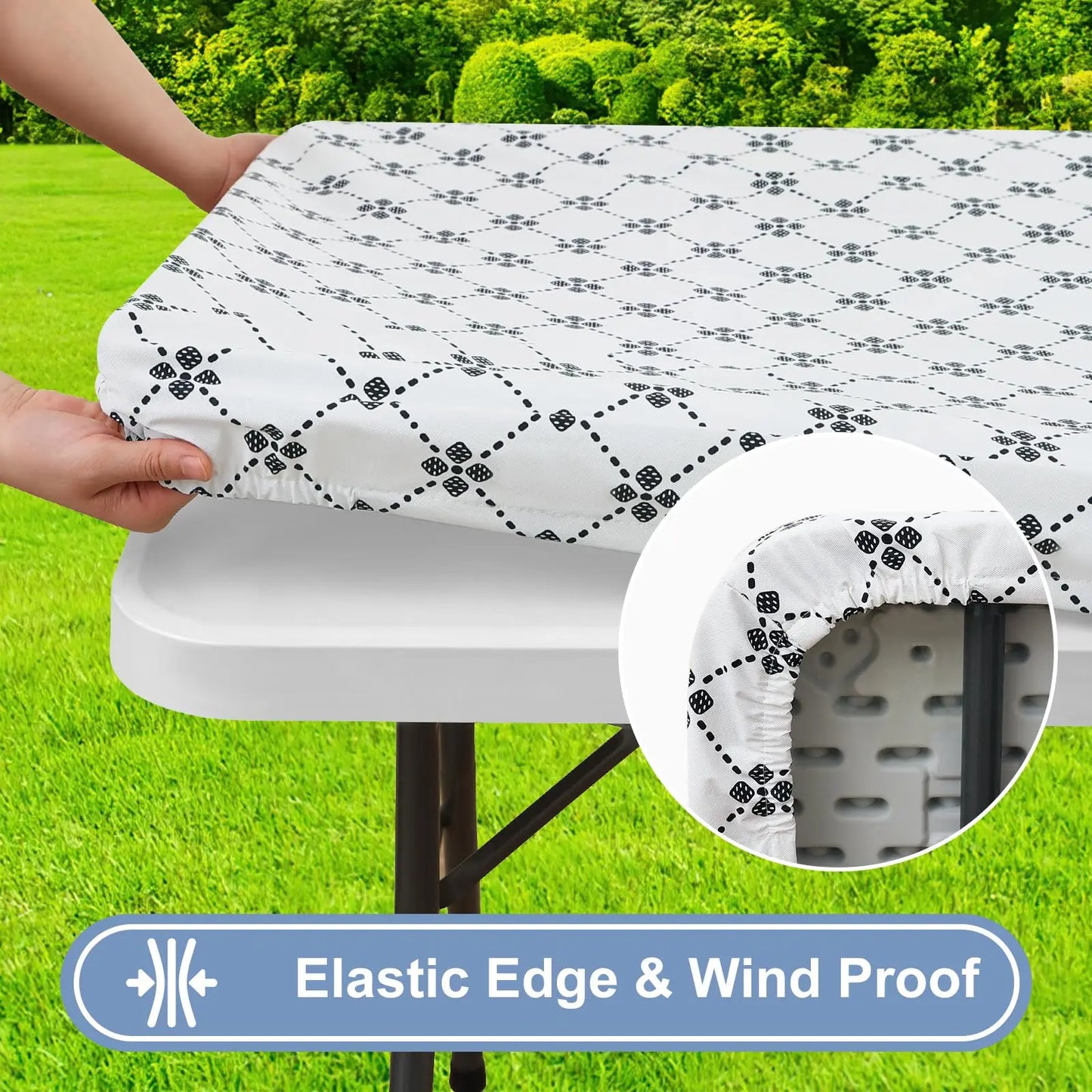 Olanly Rectangle Vinyl Table Cloth Elastic Fitted Tablecloth With Flannel Backing Waterproof Plastic Table Cover Camp Tablecloth