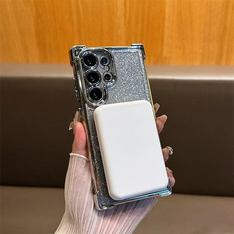 for Magsafe Glitter Bracket Case for Samsung Galaxy S24 S25 Ultra S23 S22 Plus Note 20 Stand Holder Gradient Plating Bling Cover