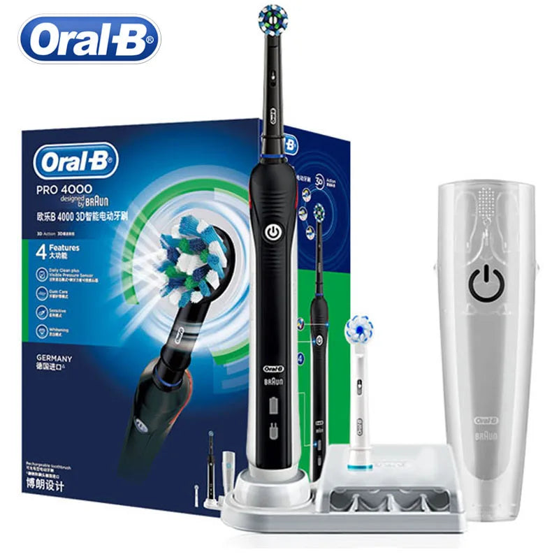 Oral B elektrinis dantų šepetėlis Pro 4000 3D veiksmo kasdienis dantų valymo matomas slėgio jutiklis, 4 režimų dantenų priežiūros priemonės, atsparios vandeniui, įkraunamos