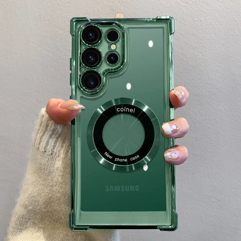 Prabangus padengiamas magnetinis belaidžio įkrovimo dėklas, skirtas Samsung S25 S24 Ultra S23 FE S22 Plus S21 Note 20 skaidrus objektyvo apsauginis dangtelis