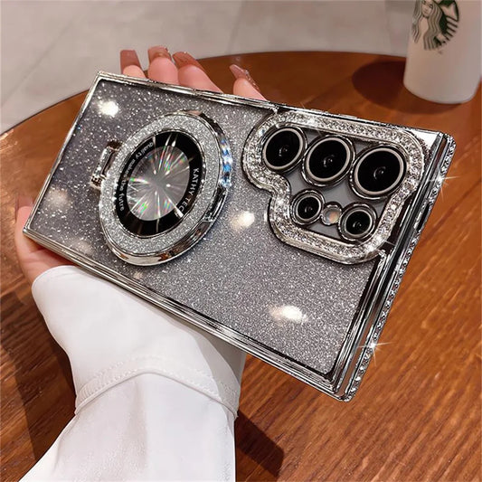 Prabangus Glitter For Magsafe magnetinio žiedo stovo dėklas, skirtas Samsung Galaxy S25 S24 S23 Ultra S22 Plus A55 A35 A25 A15 deimantinis dangtelis