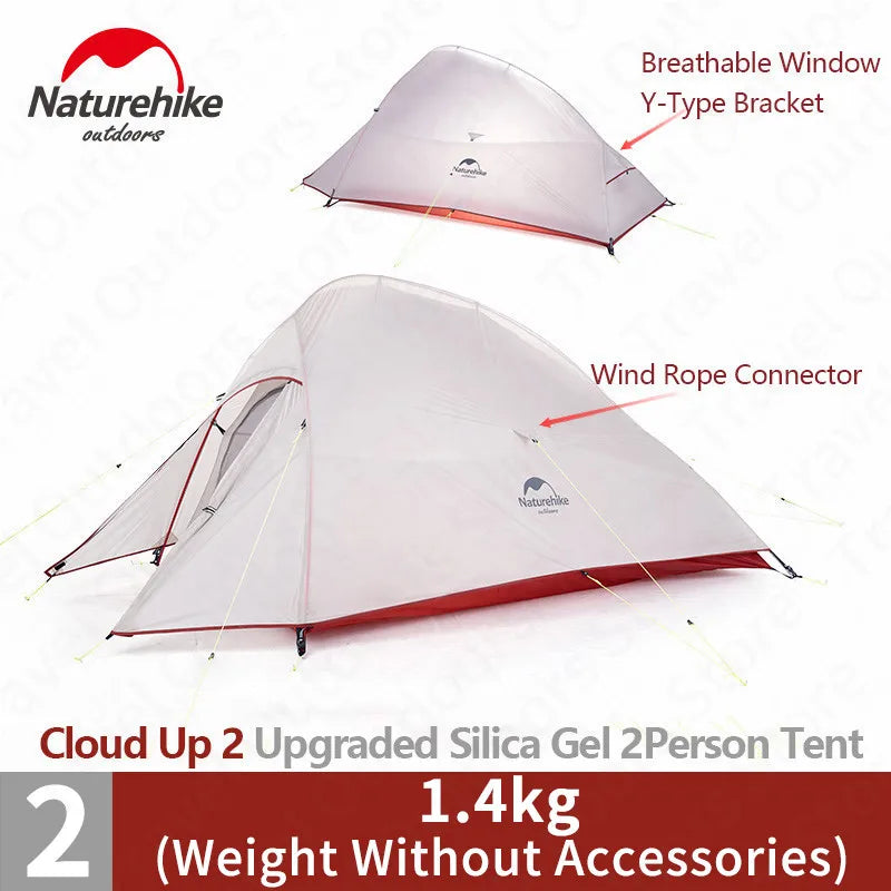 Naturehike Cloud Up 1 2 3 asmenų palapinė lauko itin lengvos nešiojamos stovyklavietės palapinės su kilimėliu Camping 20D silikoninė kelioninė palapinė