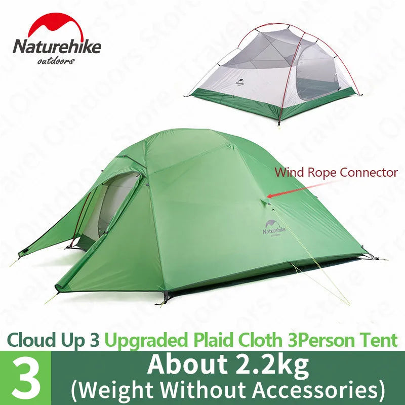 Naturehike Cloud Up 1 2 3 asmenų palapinė lauko itin lengvos nešiojamos stovyklavietės palapinės su kilimėliu Camping 20D silikoninė kelioninė palapinė