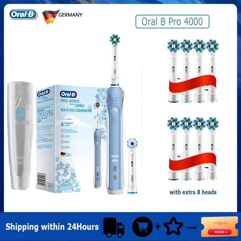 Oral B elektrinis dantų šepetėlis Pro 4000 3D veiksmo kasdienis dantų valymo matomas slėgio jutiklis, 4 režimų dantenų priežiūros priemonės, atsparios vandeniui, įkraunamos