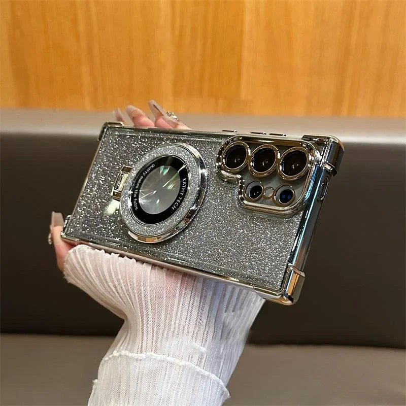 for Magsafe Glitter Bracket Case for Samsung Galaxy S24 S25 Ultra S23 S22 Plus Note 20 Stand Holder Gradient Plating Bling Cover