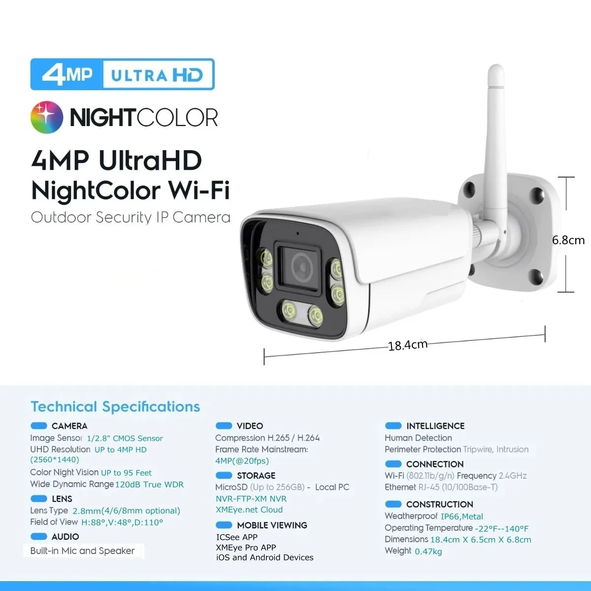 4 MP lauko saugos „Wi-Fi“ kamera AI 95 pėdų „NightColor“ žmogaus aptikimo kulka IP kamera su dvipusio garso H.265+ palaikymu „MicroSD“