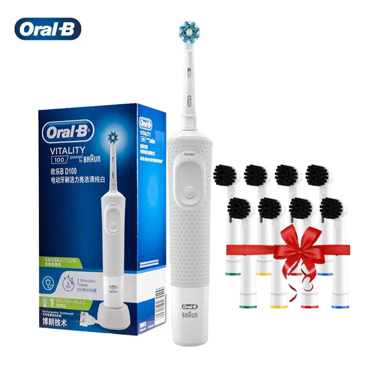 Oral B elektrinis dantų šepetėlis D100 Vitality 2D Kryžminis įkraunamas dantų šepetėlio valymo veiksmas su bambuko anglies šepetėlio galvutėmis