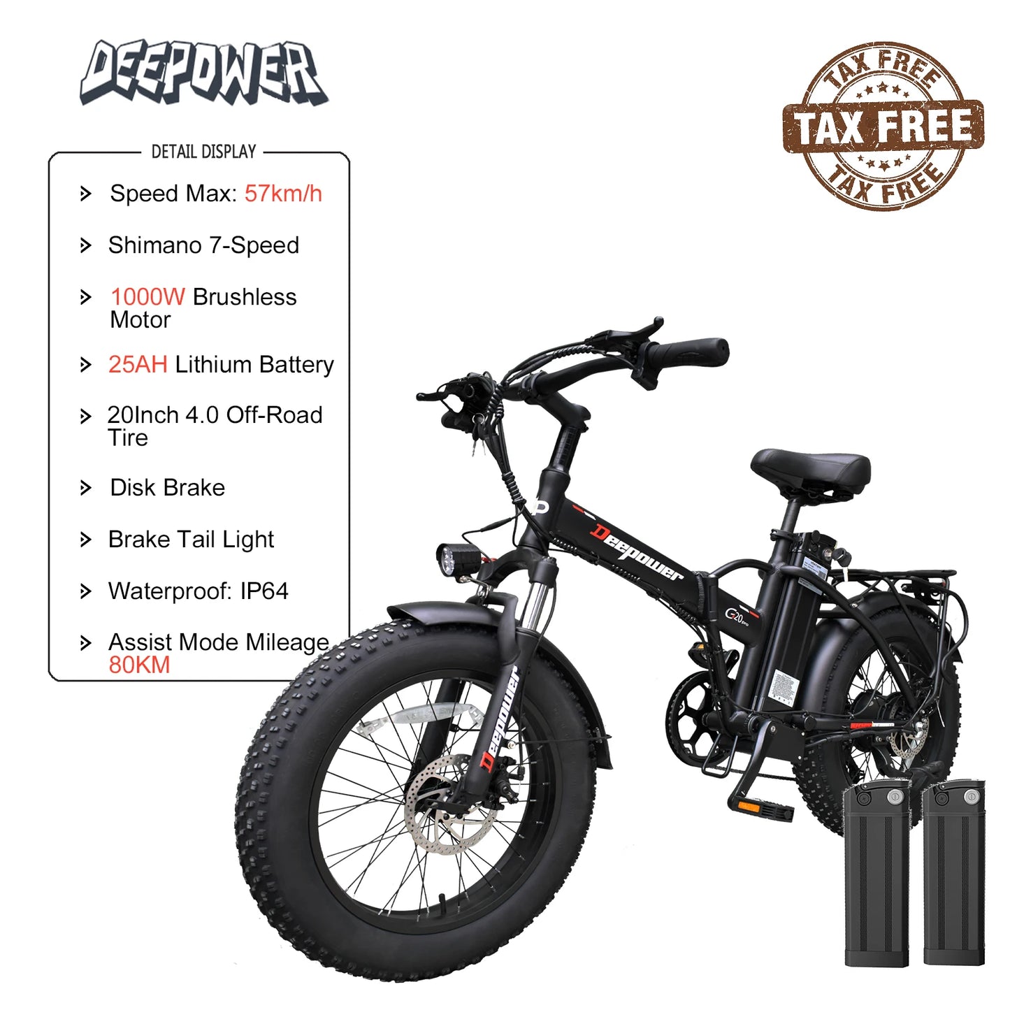 DEEPOWER G20Pro 1000W sulankstomas elektrinis dviratis 1000W 48V 25AH Fat Tire Ebike Mountain 20 colių elektrinis dviratis paplūdimio dviračiu E dviratis