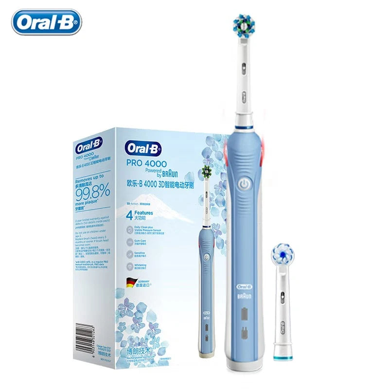 Oral B elektrinis dantų šepetėlis Pro 4000 3D veiksmo kasdienis dantų valymo matomas slėgio jutiklis, 4 režimų dantenų priežiūros priemonės, atsparios vandeniui, įkraunamos