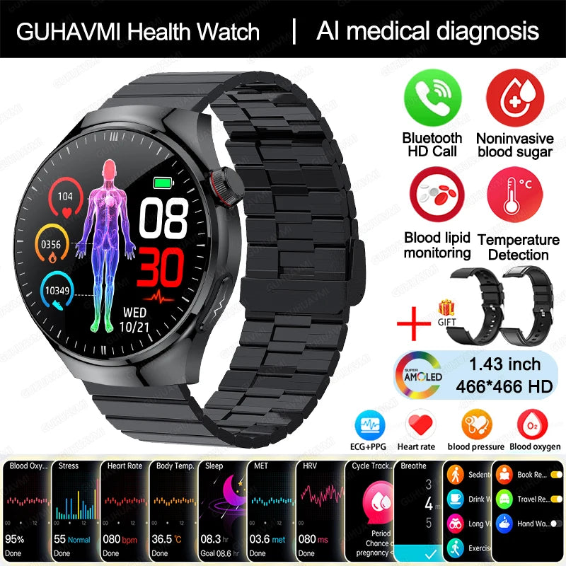 2024 m. naujas medicininės klasės išmanusis laikrodis cukraus kiekio kraujyje ir lipidų šlapimo rūgšties EKG + PPG kūno temperatūros Bluetooth skambučio sveikatos išmanusis laikrodis
