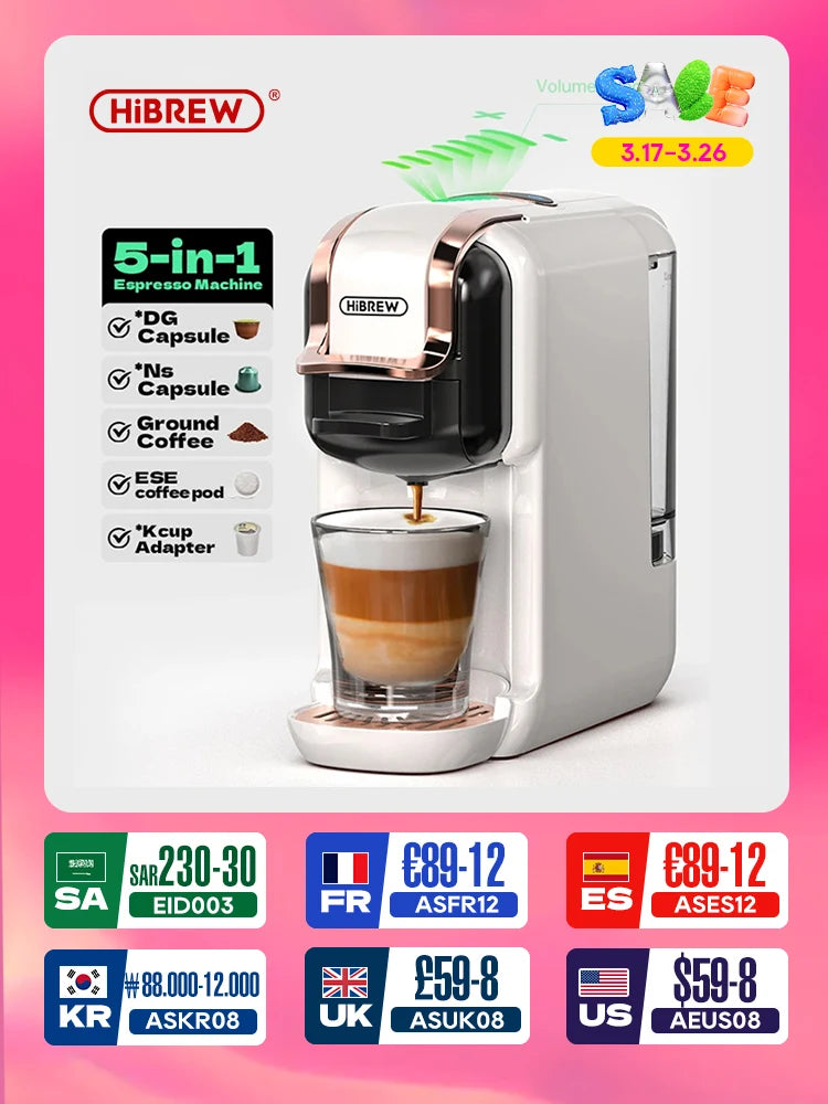 HiBREW 5 viename kelių kapsulių kavos aparatas karštas/šaltas DG Cappuccino Nes maža kapsulė ESE pod maltos kavos kavinė 20 barų H2B