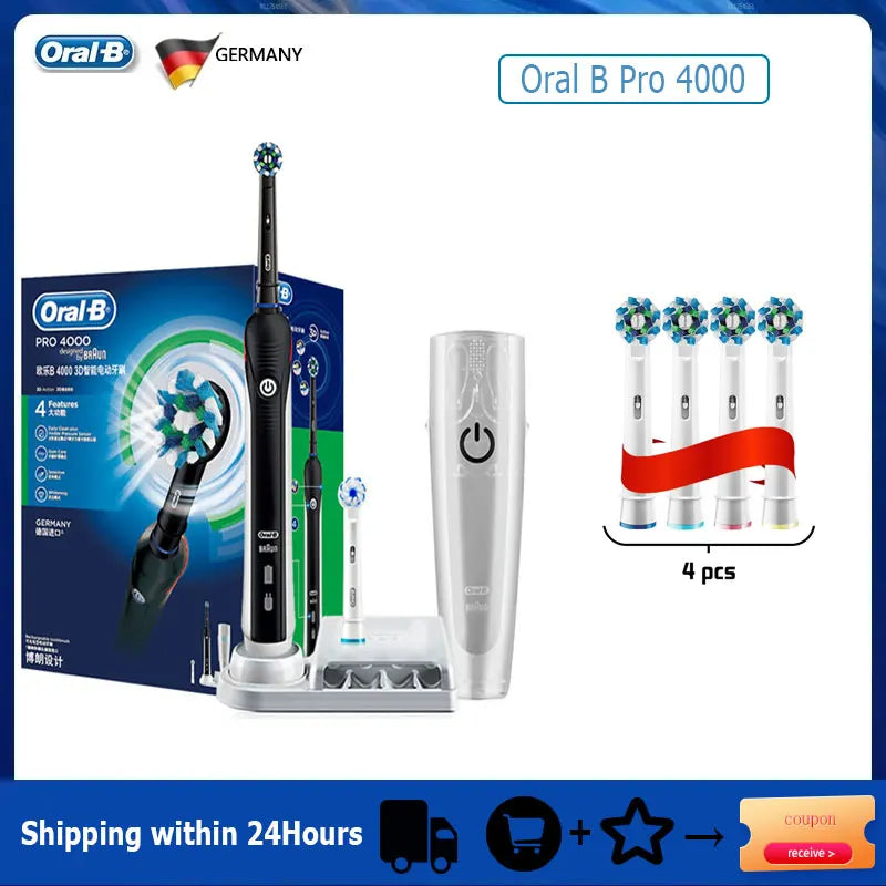 Oral B elektrinis dantų šepetėlis Pro 4000 3D veiksmo kasdienis dantų valymo matomas slėgio jutiklis, 4 režimų dantenų priežiūros priemonės, atsparios vandeniui, įkraunamos