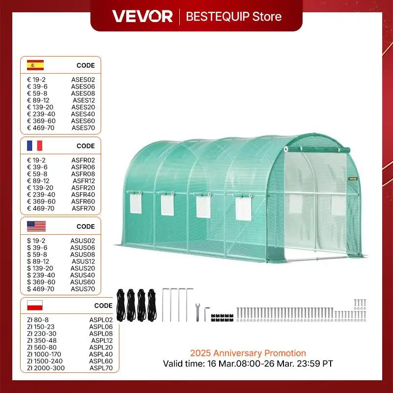 VEVOR Walk-in tunelinis šiltnamio cinkuotas rėmas ir vandeniui atspari danga 15x7x7/10x7x7/20x10x7/12x7x7 pėdų šiltnamiai ir šalti rėmai