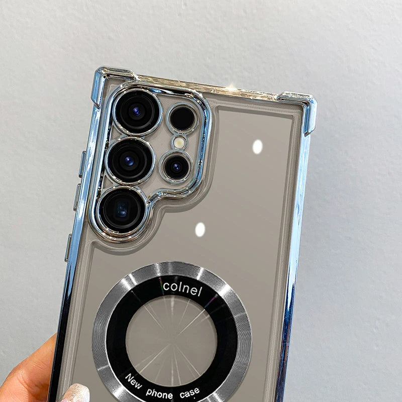 Prabangus padengiamas magnetinis belaidžio įkrovimo dėklas, skirtas Samsung S25 S24 Ultra S23 FE S22 Plus S21 Note 20 skaidrus objektyvo apsauginis dangtelis