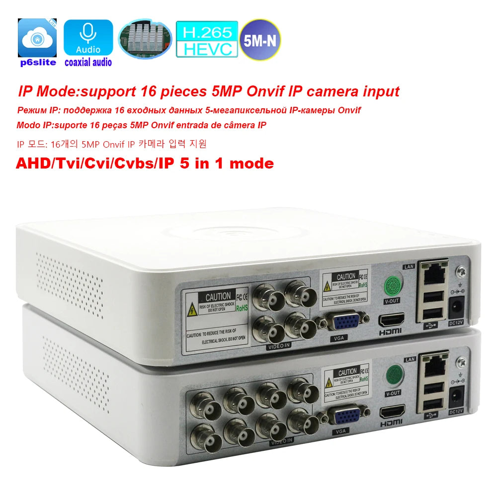Hibridinis DVR CCTV apsauga 4 CH/8 kanalai 5M-N bendraašis garsas, skirtas 5MP 12,5Fps 1080P 720P TVI CVI CVBS kamera 5MP IP Onvif kamera