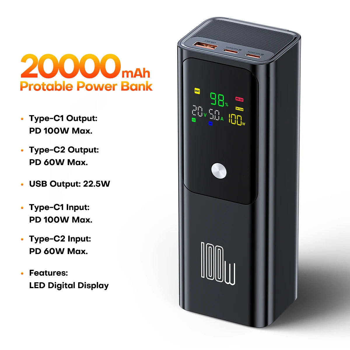 QOOVI PD 100W maitinimo blokas 20000mAh išorinės baterijos talpa greito įkrovimo nešiojamas įkroviklis Powerbank nešiojamam kompiuteriui iPhone Samsung