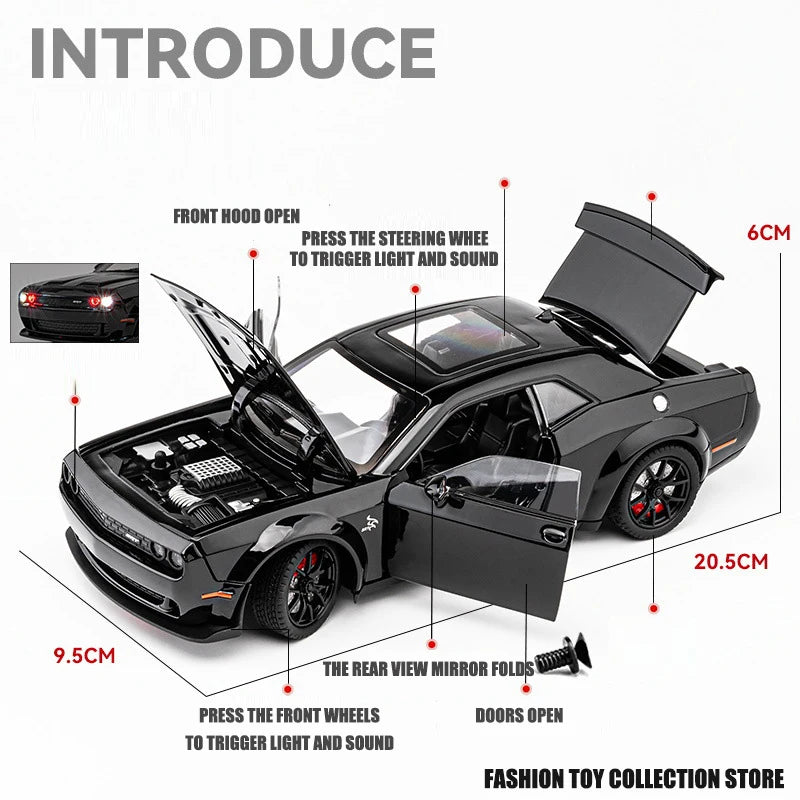 1:24 Dodge Challenger Hellcat Toy Car Die Cast Metel Cars Toy Pull Back Hellcat Model Cars with Sound and Light Hellc for Kids