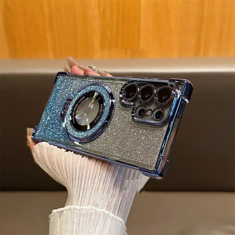 for Magsafe Glitter Bracket Case for Samsung Galaxy S24 S25 Ultra S23 S22 Plus Note 20 Stand Holder Gradient Plating Bling Cover
