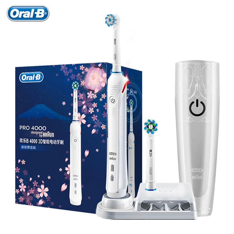 Oral B elektrinis dantų šepetėlis Pro 4000 3D veiksmo kasdienis dantų valymo matomas slėgio jutiklis, 4 režimų dantenų priežiūros priemonės, atsparios vandeniui, įkraunamos