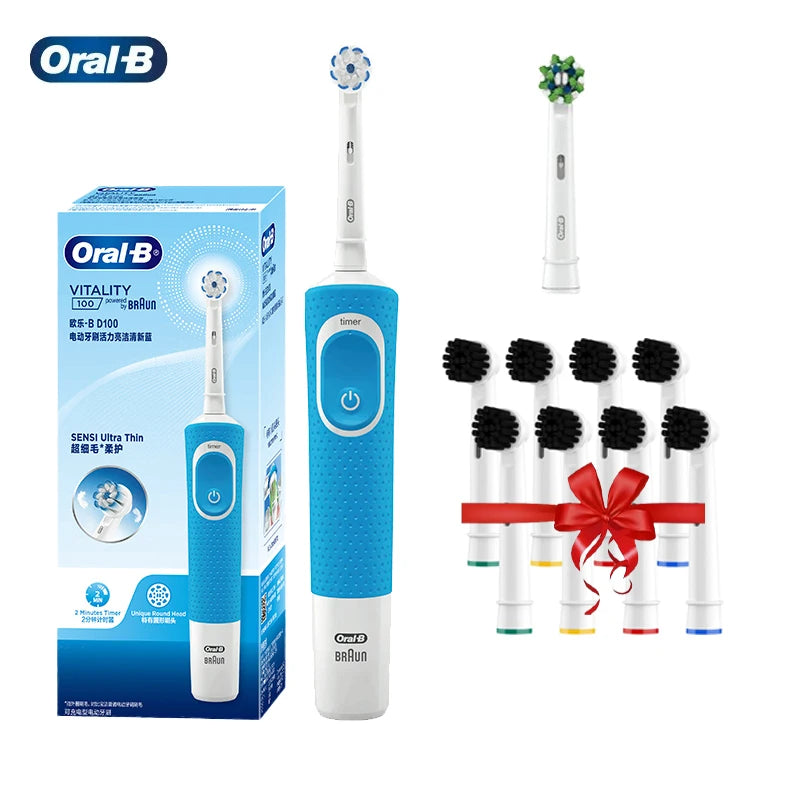 Oral B elektrinis dantų šepetėlis D100 Vitality 2D Kryžminis įkraunamas dantų šepetėlio valymo veiksmas su bambuko anglies šepetėlio galvutėmis