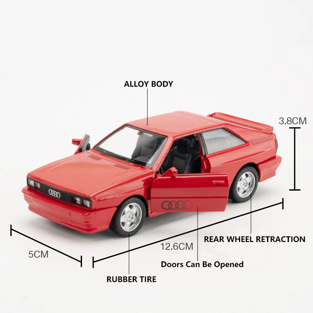 1:36 Audi Quattro 1980 Lengvojo lydinio automobilių modeliai Žaisliniai liejiniai Transporto priemonės Modelis Atidarytos durelės Atitraukti atgal Sportinis automobilis vaikams Dovana