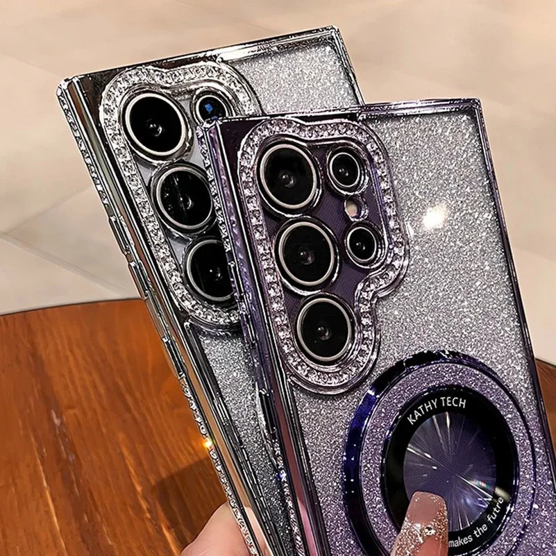 Prabangus Glitter Magsafe Bracket Dėklas, skirtas Samsung Galaxy S24 S25 S23 Ultra S22 Plus A55 A35 A25 A24 A15 A05S deimantinis dangtelis