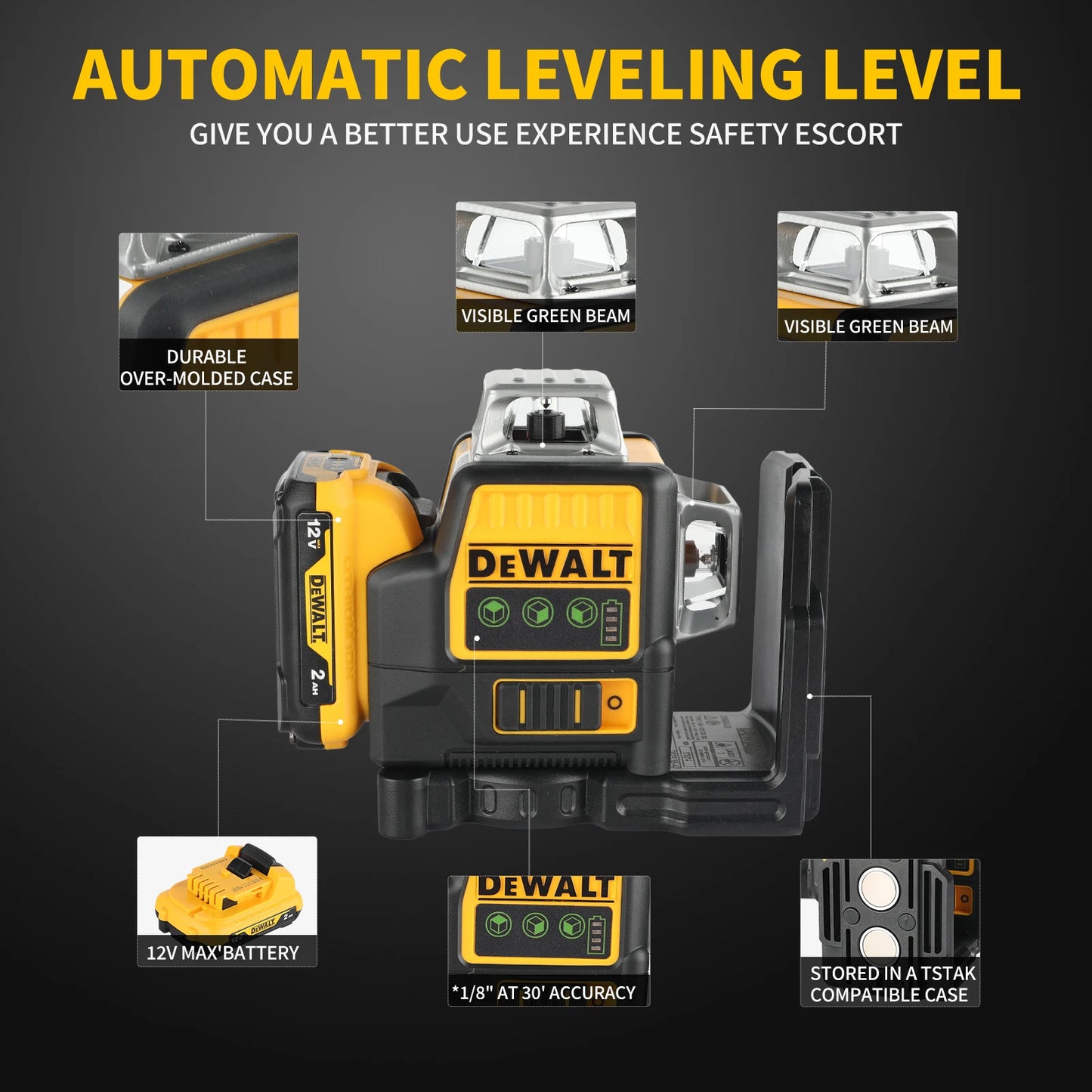 2025 m. Dewalt DW089LG 3 pusių * 360 laipsnių vertikali 12 linijų lazerinis lygis 360 horizontalus žalios šviesos lygio matuoklis lauke