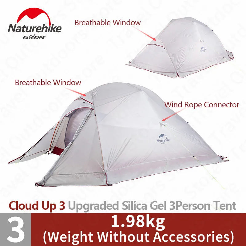 Naturehike Cloud Up 1 2 3 asmenų palapinė lauko itin lengvos nešiojamos stovyklavietės palapinės su kilimėliu Camping 20D silikoninė kelioninė palapinė