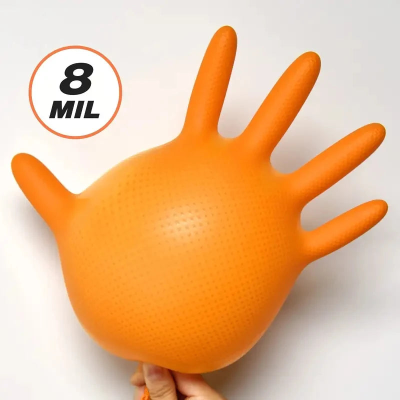 Sunkios oranžinės nitrilo pirštinės 8Mil pramoninės vienkartinės pirštinės su deimantinės tekstūros rankena, skirtos mechanikų saugos ir darbo pirštinėms