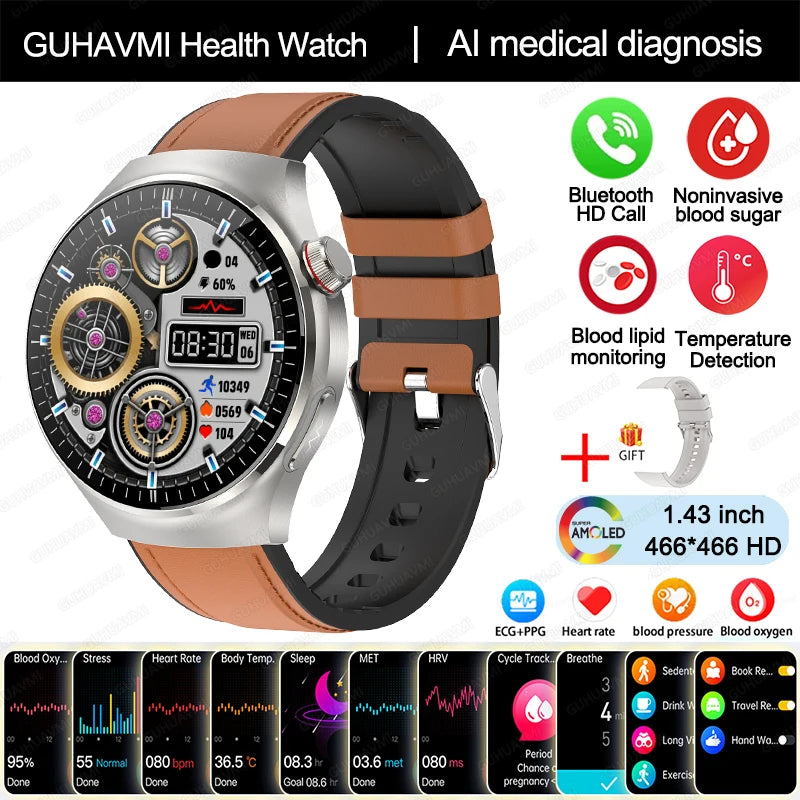 2024 m. naujas medicininės klasės išmanusis laikrodis cukraus kiekio kraujyje ir lipidų šlapimo rūgšties EKG + PPG kūno temperatūros Bluetooth skambučio sveikatos išmanusis laikrodis