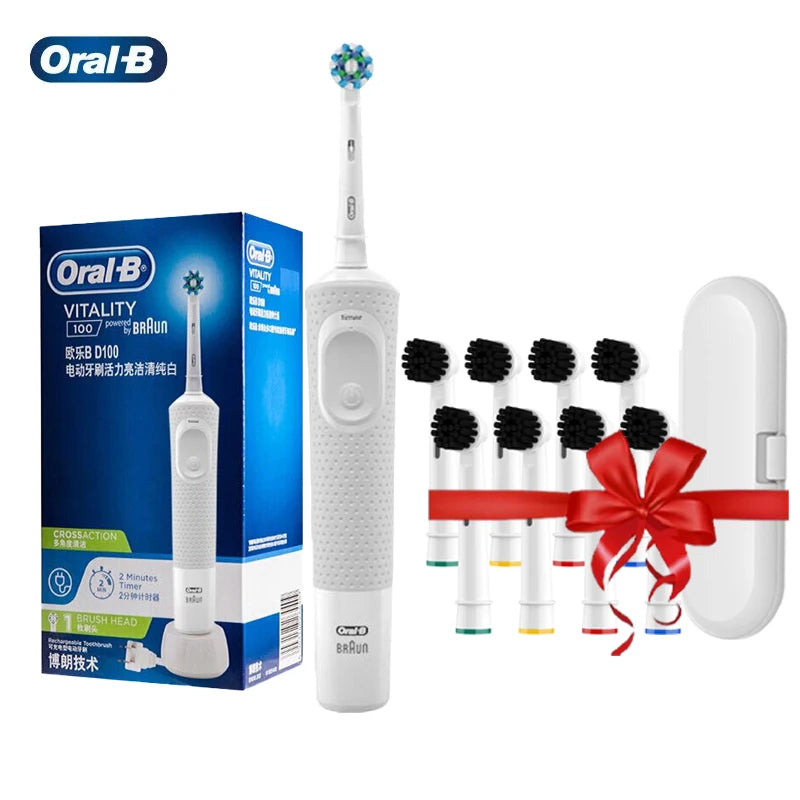 Oral B elektrinis dantų šepetėlis D100 Vitality 2D Kryžminis įkraunamas dantų šepetėlio valymo veiksmas su bambuko anglies šepetėlio galvutėmis