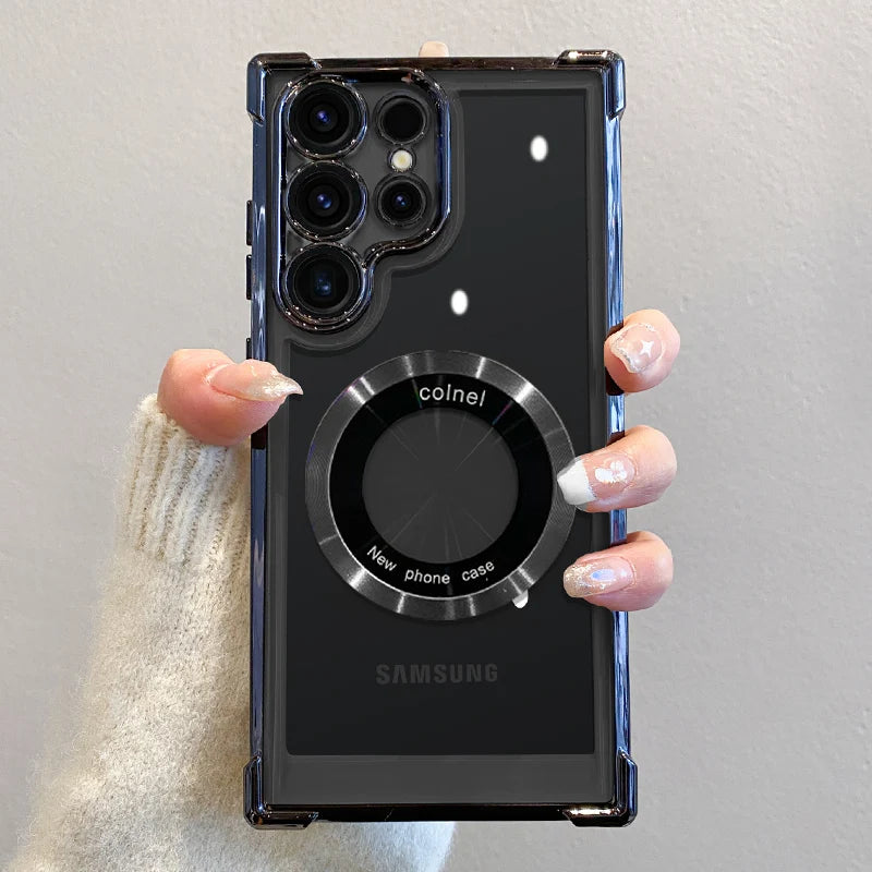 Prabangus padengiamas magnetinis belaidžio įkrovimo dėklas, skirtas Samsung S25 S24 Ultra S23 FE S22 Plus S21 Note 20 skaidrus objektyvo apsauginis dangtelis