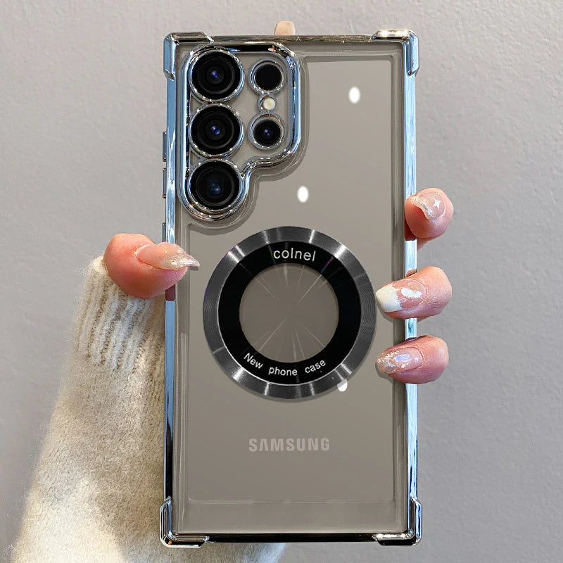 Prabangus padengiamas magnetinis belaidžio įkrovimo dėklas, skirtas Samsung S25 S24 Ultra S23 FE S22 Plus S21 Note 20 skaidrus objektyvo apsauginis dangtelis