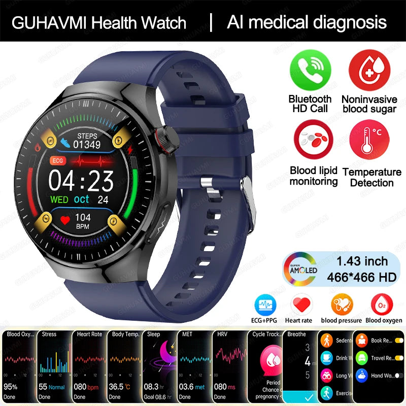 2024 m. naujas medicininės klasės išmanusis laikrodis cukraus kiekio kraujyje ir lipidų šlapimo rūgšties EKG + PPG kūno temperatūros Bluetooth skambučio sveikatos išmanusis laikrodis