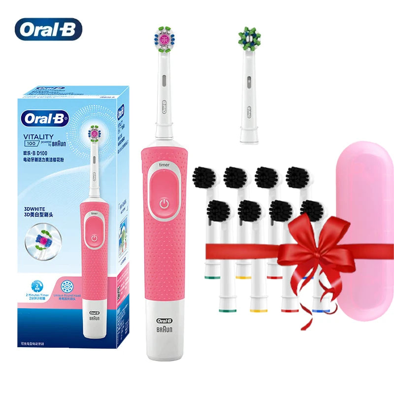 Oral B elektrinis dantų šepetėlis D100 Vitality 2D Kryžminis įkraunamas dantų šepetėlio valymo veiksmas su bambuko anglies šepetėlio galvutėmis