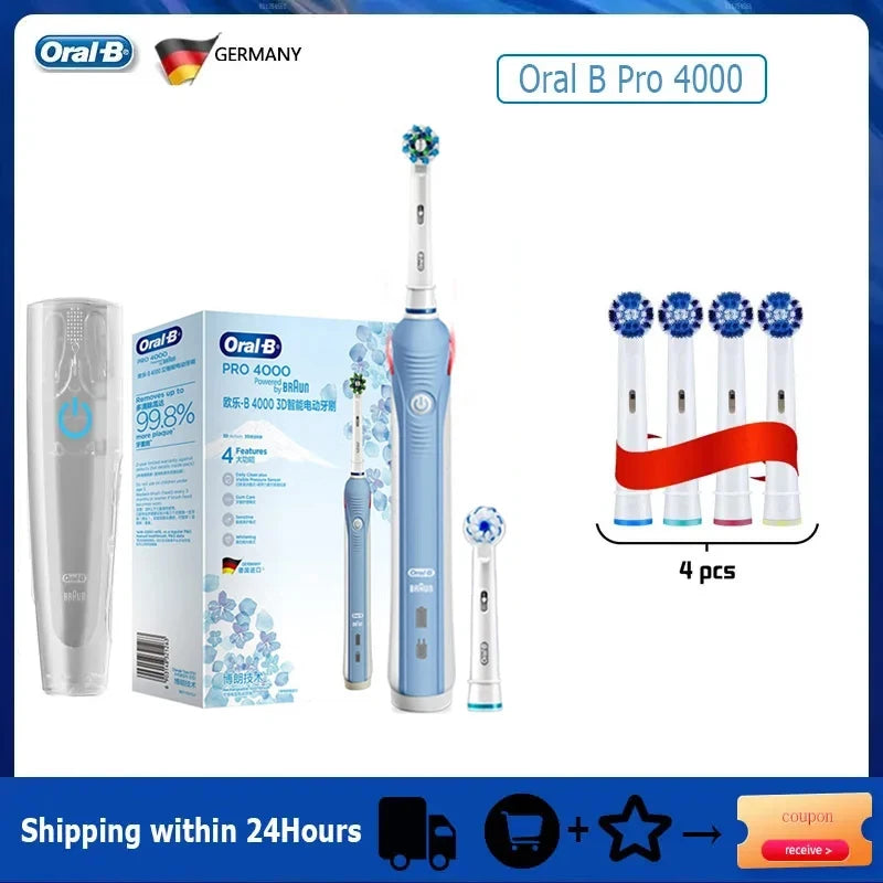 Oral B elektrinis dantų šepetėlis Pro 4000 3D veiksmo kasdienis dantų valymo matomas slėgio jutiklis, 4 režimų dantenų priežiūros priemonės, atsparios vandeniui, įkraunamos